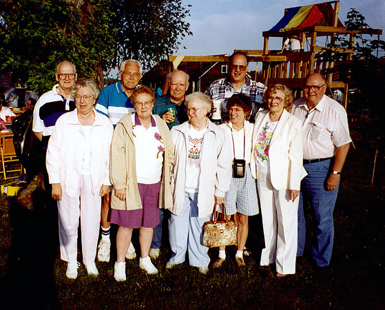 Gnadt family 1983 L-R:
Rueben & Emily Gnadt, Jerry & Georgianna Schudrowitz, Duane & Marion Taff, Bill & Doris Gnadt, Clarence & Elaine Gnadt